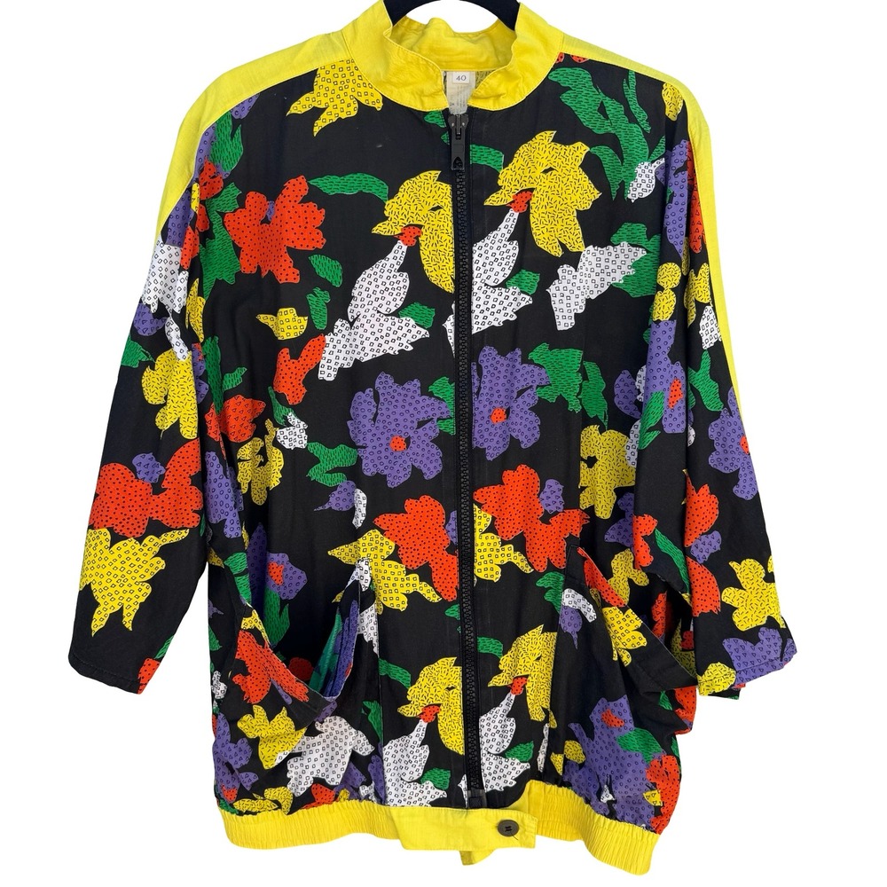 Gideon Oberson Vintage 80s 90s Funky‎ Abstract Floral Zip Oversized Jacket XL